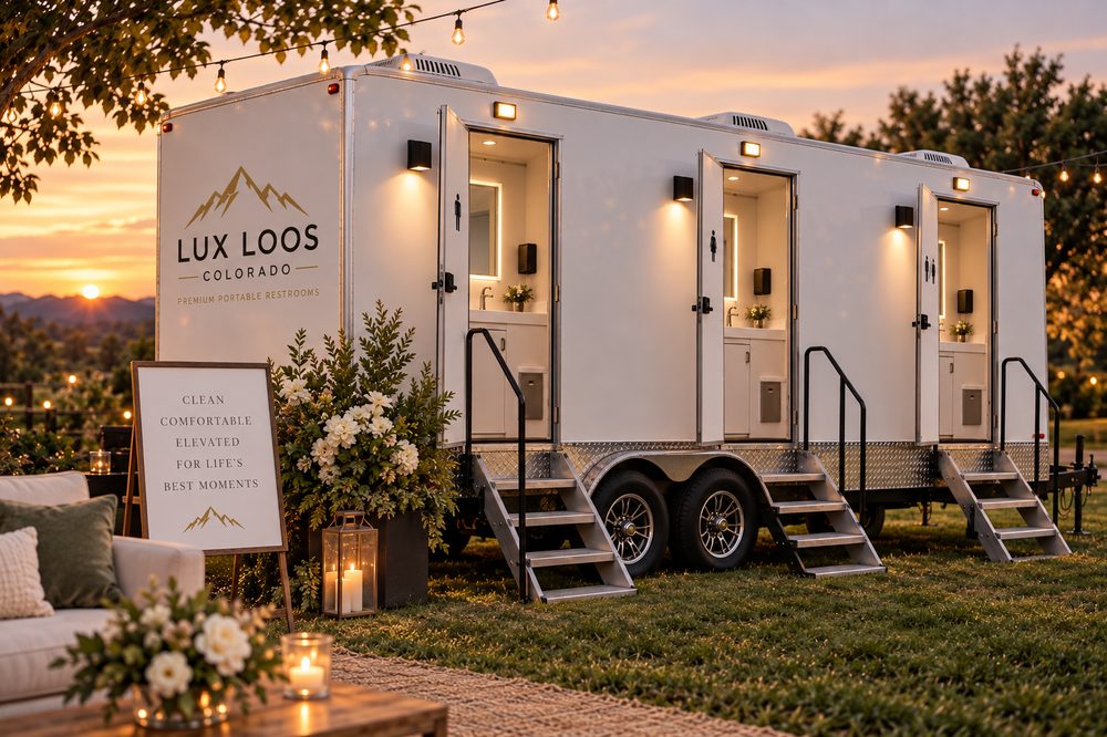 Lux Loos Colorado restroom trailer staged for an evening event